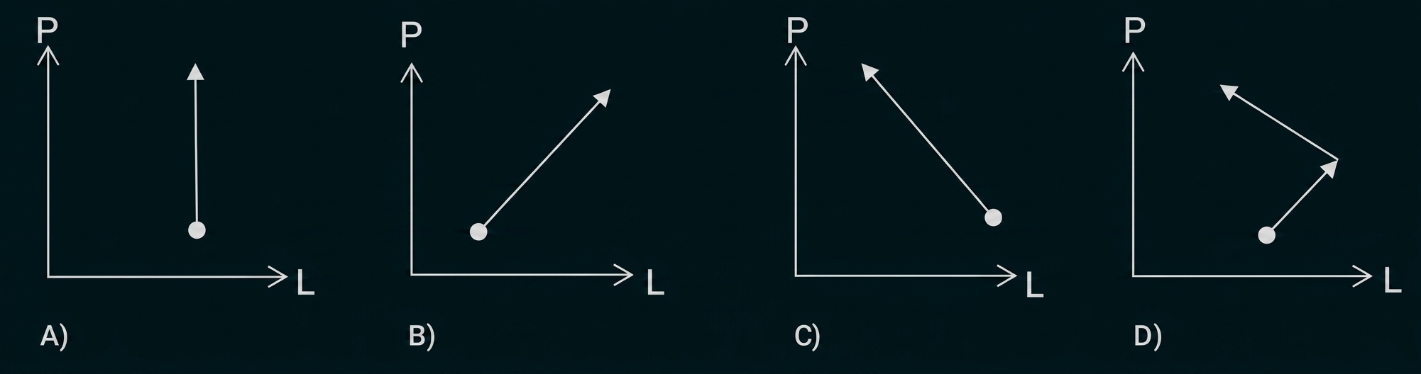 Vier kleine Koordinatendiagramme mit Pfeilen und Punkten, beschriftet A bis D.